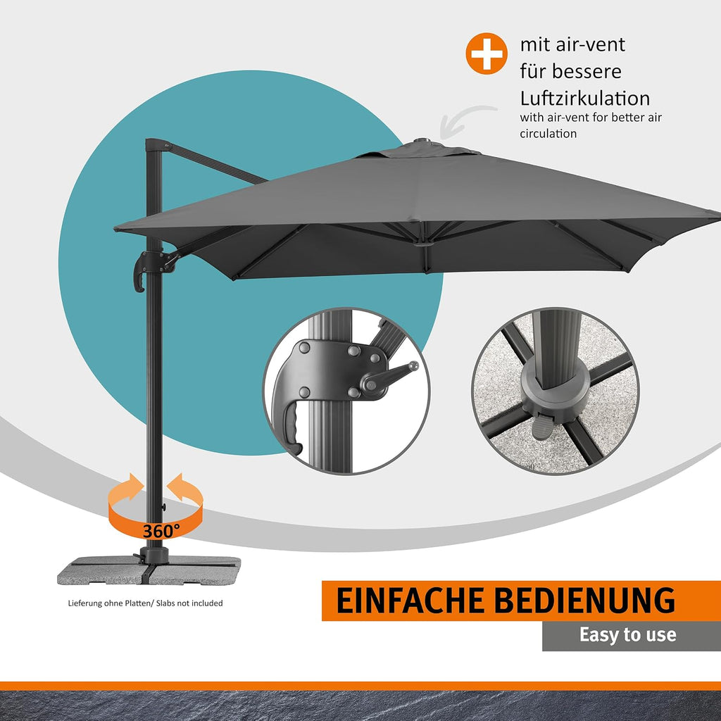 Ampelschirm Rhodos Grande 400x300 cm Rechteckig Aluminium Gestell UV50+ Polyester Kurbel 360 Grad Drehfunktion Anthrazit