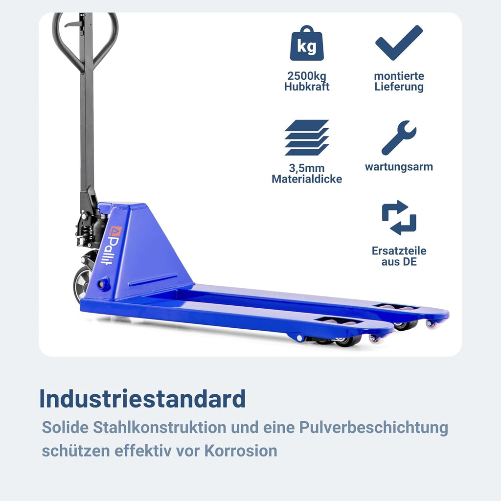 Handhubwagen FIVE 2500 kg Tragkraft mit 1150 mm Gabellänge Stahlrahmen Gummirollen Palettenwagen für Euro-Paletten