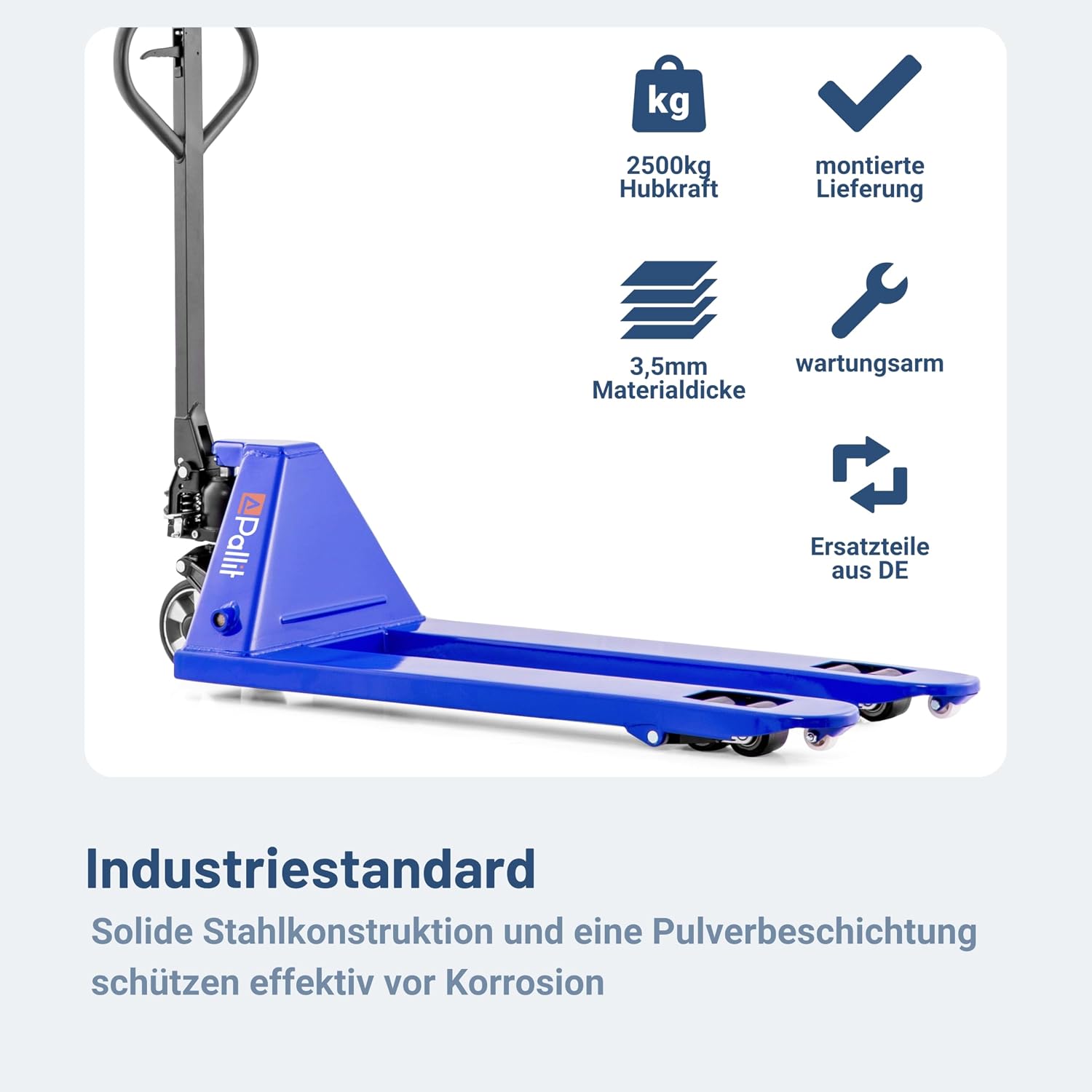 Handhubwagen FIVE 2500 kg Tragkraft mit 1150 mm Gabellänge Stahlrahmen Gummirollen Palettenwagen für Euro-Paletten