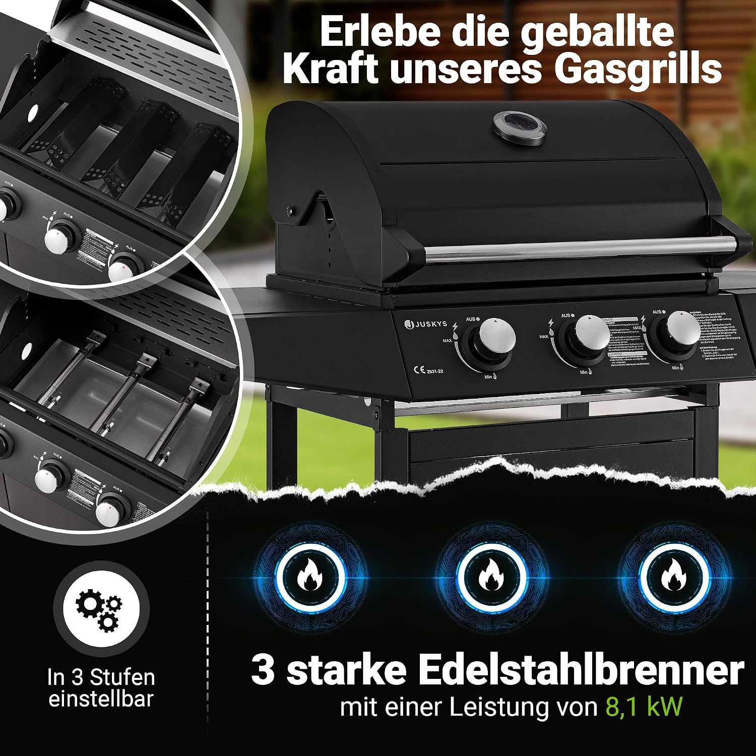 Gasgrill Grillwagen Louisiana 3 Brenner 8,1 kW mit Deckel Thermometer Warmhalterost Grillrost und Abdeckplane