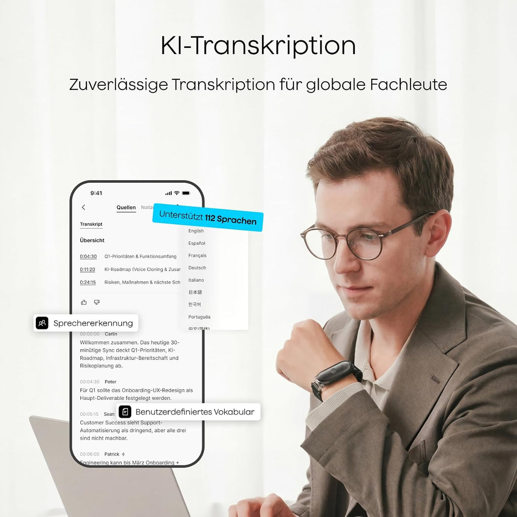 KI Diktiergerät NotePin S Sprachrekorder mit Transkription Zusammenfassung 64GB Speicher Aufnahmegerät mit 4 Zubehörteilen