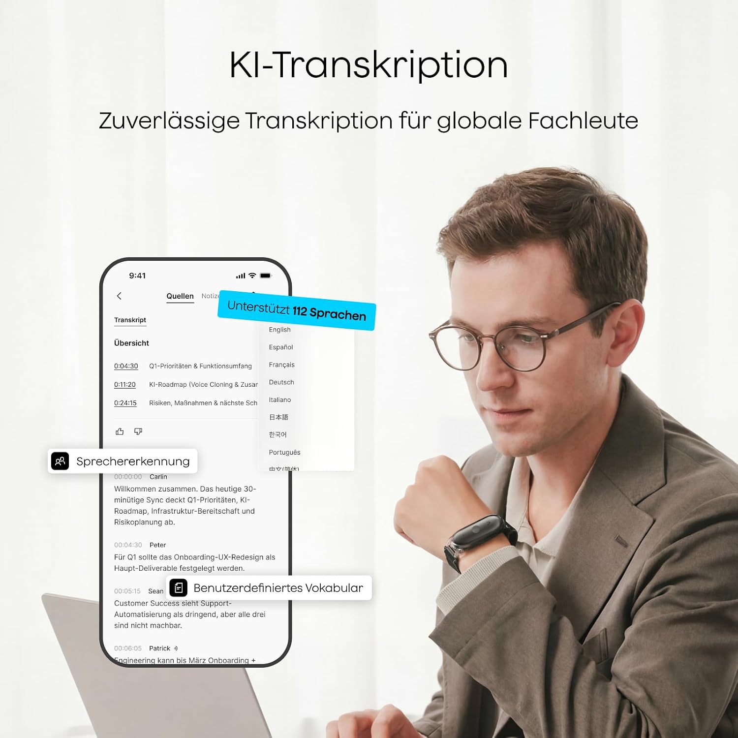 KI Diktiergerät NotePin S Sprachrekorder mit Transkription Zusammenfassung 64GB Speicher Aufnahmegerät mit 4 Zubehörteilen