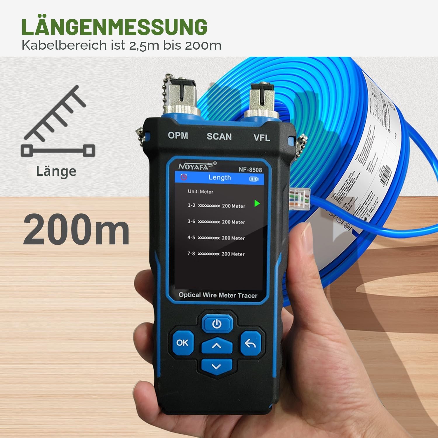 Netzwerkkabeltester NF-8508 mit RJ45 RJ11 PoE Test Optischem Leistungsmesser VFL Funktion CAT5 CAT6 Kabelprüfung
