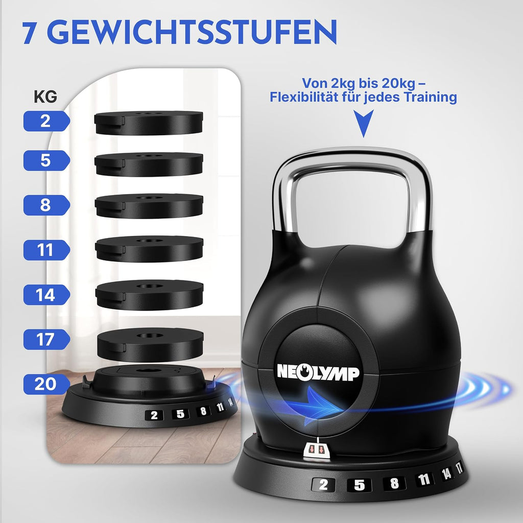 Verstellbare Kettlebell 7-in-1 2-20 kg Kugelhantel für Ganzkörpertraining mit robustem Edelstahlgriff und Gewichtssystem