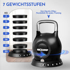 Verstellbare Kettlebell 7-in-1 2-20 kg Kugelhantel für Ganzkörpertraining mit robustem Edelstahlgriff und Gewichtssystem