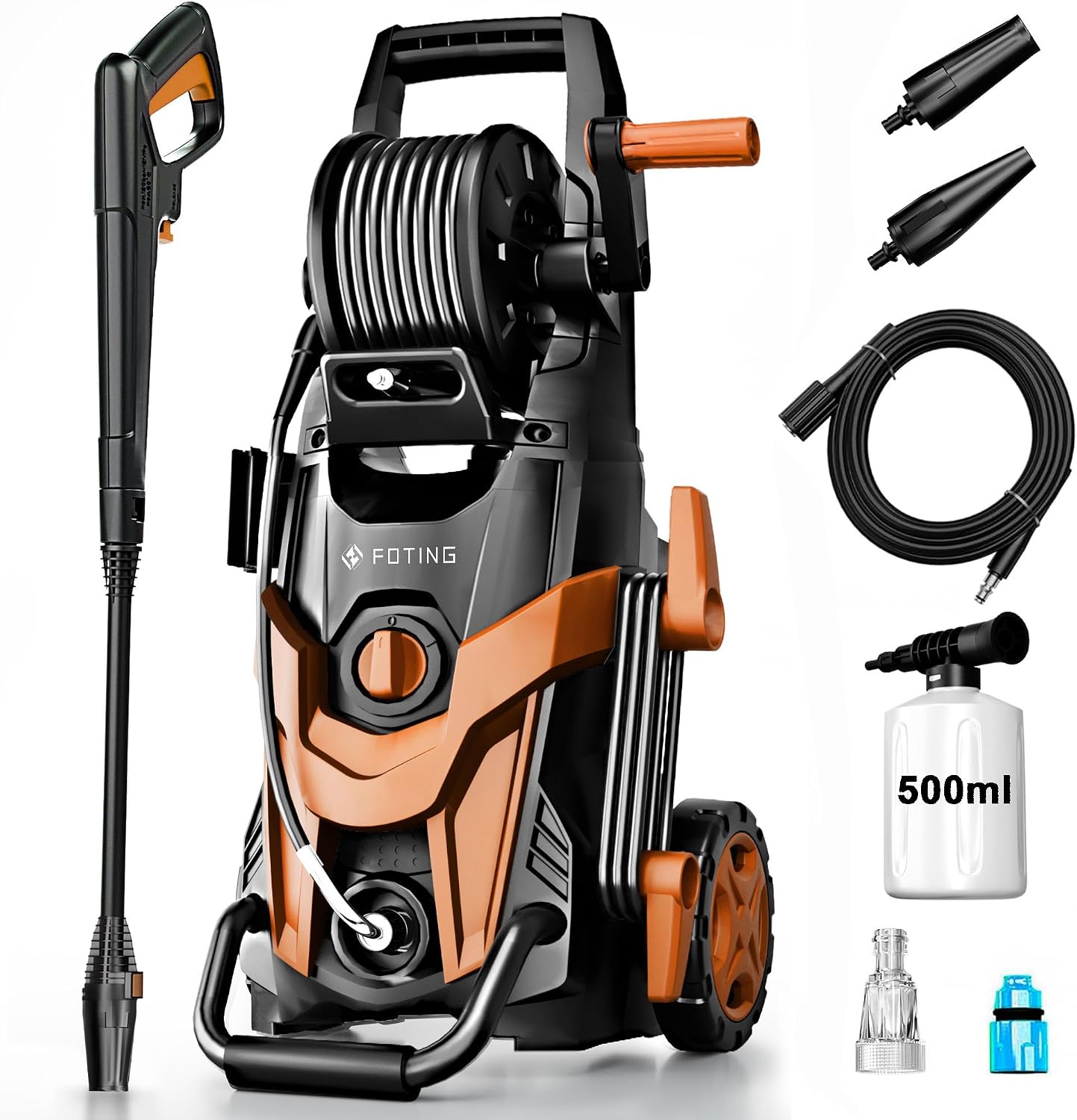 Hochdruckreiniger 180 Bar 450 l/h mit 7 m Hochdruckschlauch Schlauchtrommel 500 ml Reinigungsmittelbehälter 6-in-1-Düse