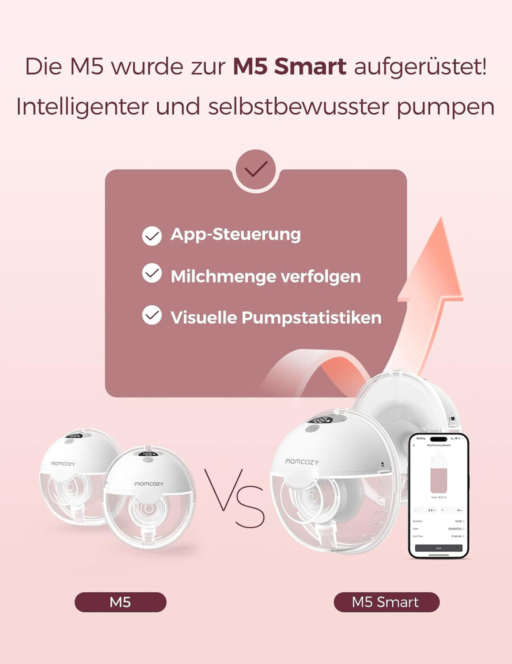 Handsfree Doppel Milchpumpe M5 Smart App Steuerung tragbar 2er Set 3 Modi 9 Stufen wiederaufladbar Grau