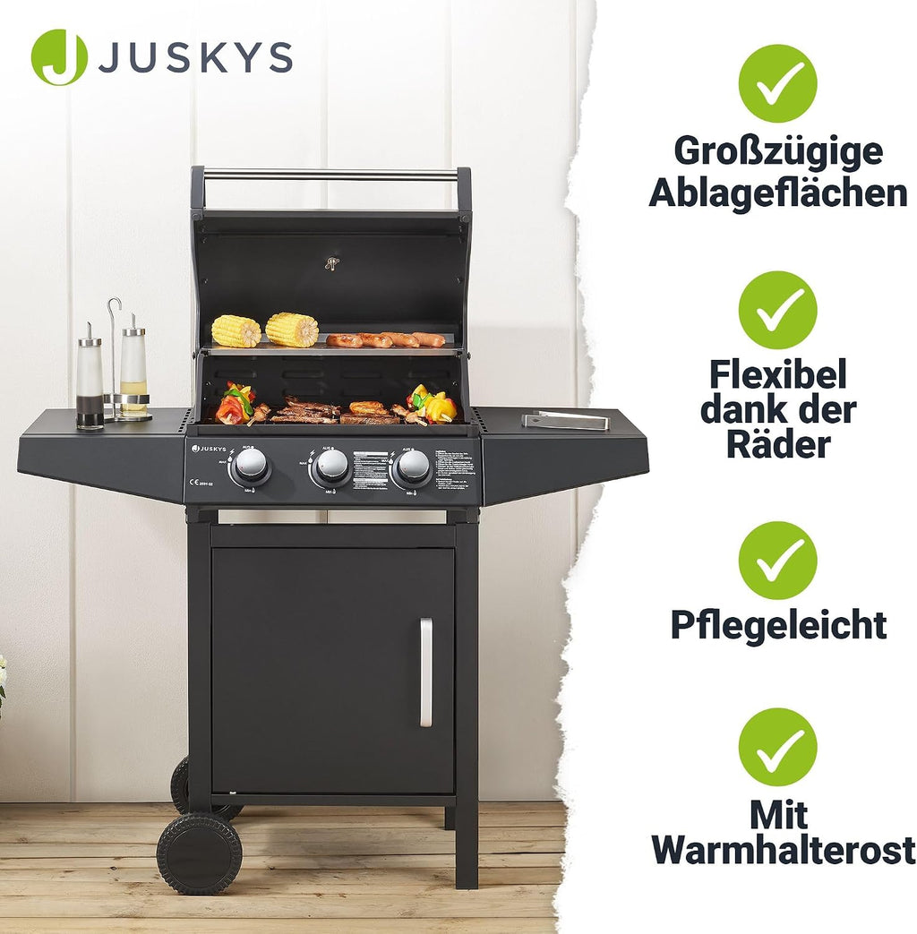 Gasgrill Grillwagen Louisiana 3 Brenner 8,1 kW mit Deckel Thermometer Warmhalterost Grillrost und Abdeckplane