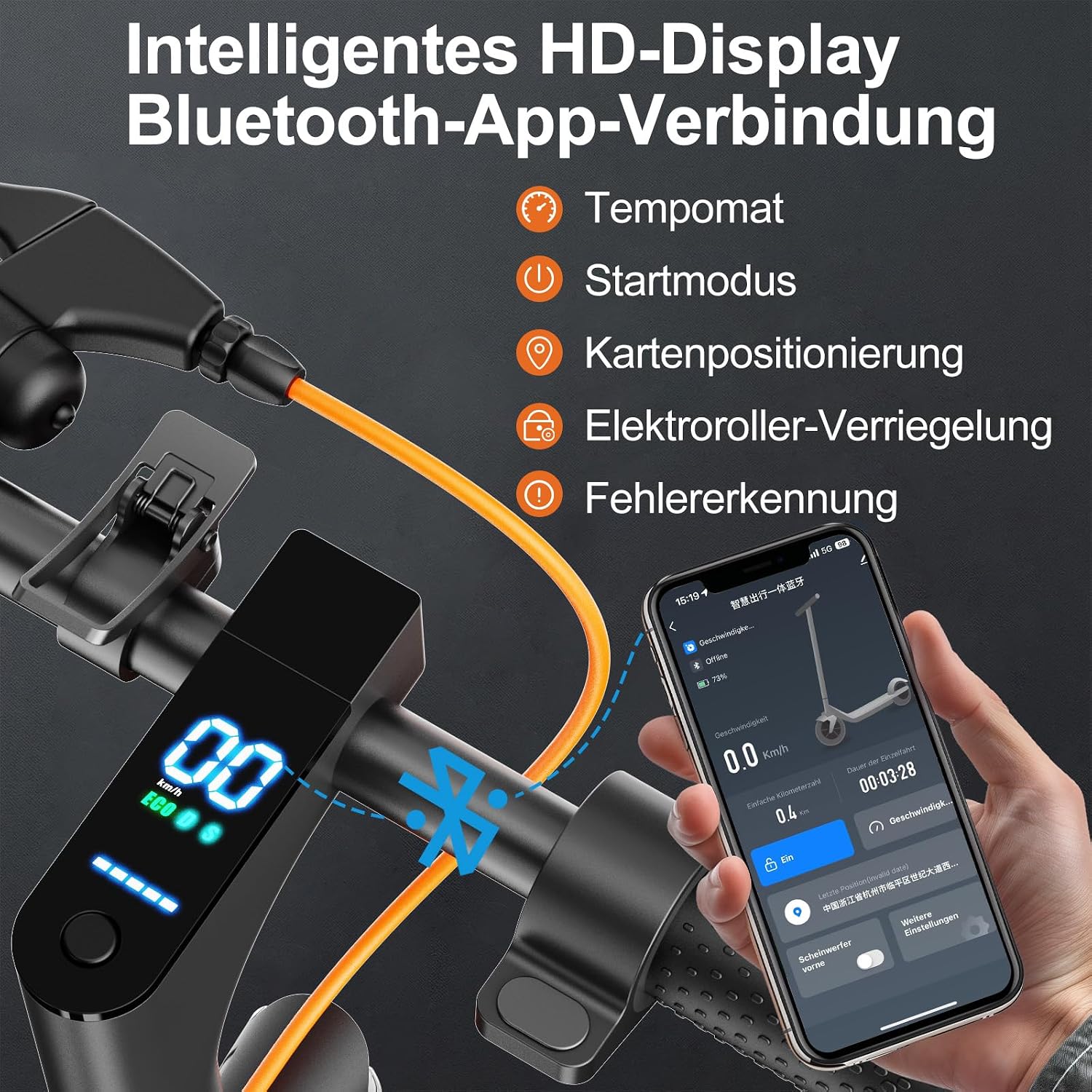 Elektroroller T3-DE mit Bluetooth App 350W Motor 30-35 km Reichweite 8,5 Zoll Wabenreifen Dual Bremssystem ABE