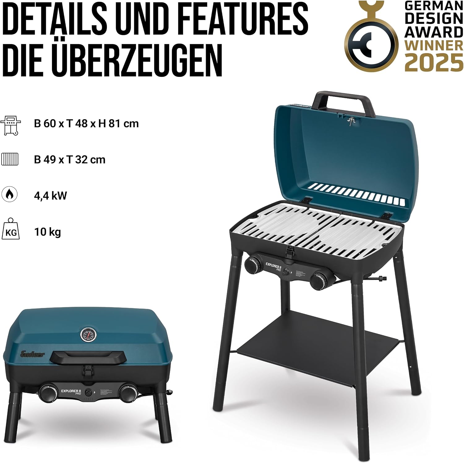 Gasgrill Explorer II Pro 2108 mit 2 Edelstahlbrennern 4,4 kW Grillthermometer Camping Tischgrill mit Grillrost