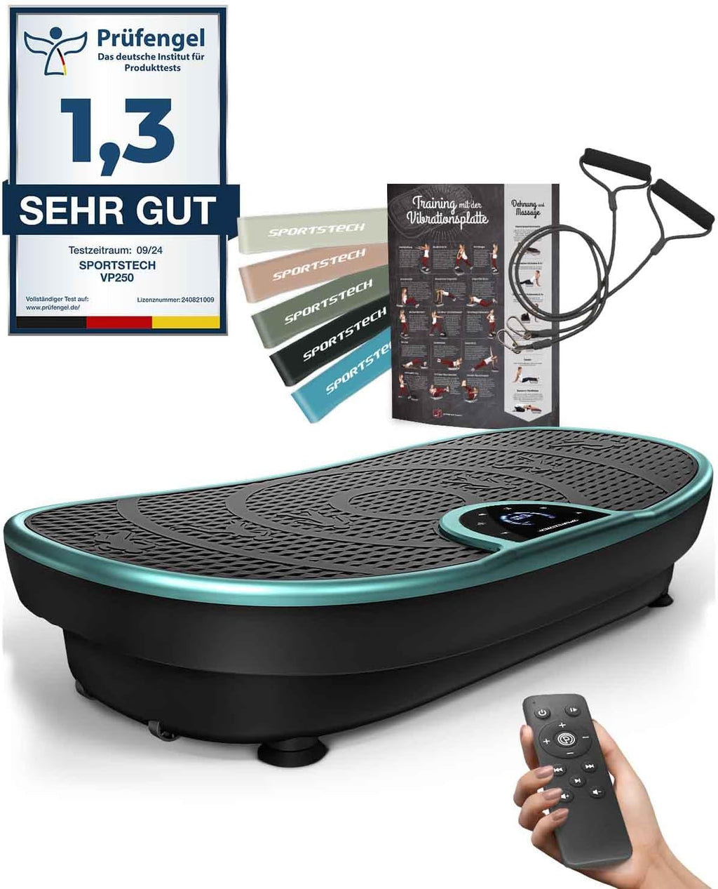 Vibrationsplatte VP250 Ganzkörpertraining mit 200 W 180 Stufen Bluetooth Lautsprecher Fernbedienung und Trainingsbändern
