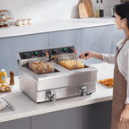 Elektrische Doppel Fritteuse 2 x 8L 3000W Edelstahl Tischfritteuse mit Temperatur und Timerregelung Doppeltank Korb
