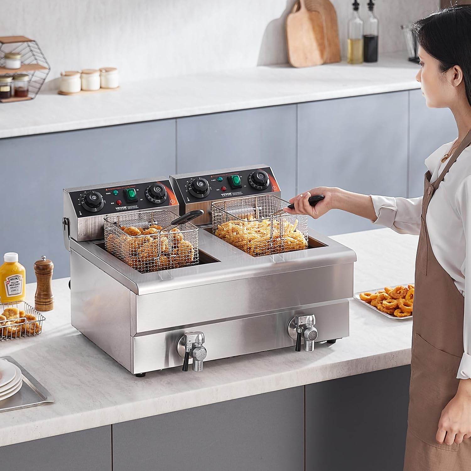 Elektrische Doppel Fritteuse 2 x 8L 3000W Edelstahl Tischfritteuse mit Temperatur und Timerregelung Doppeltank Korb
