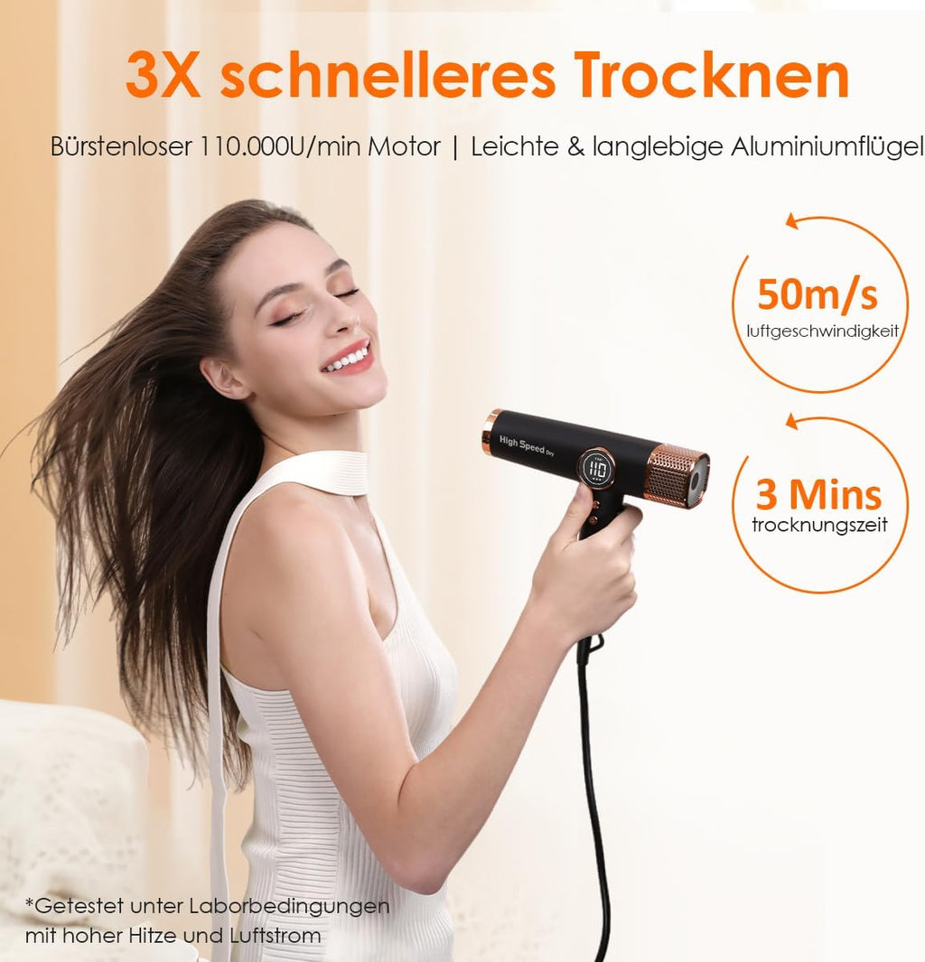 Haartrockner 110000 RPM bürstenloser Motor 200 Millionen Ionen LED Anzeige 3 Magnetdüsen 1700W schnelles Trocknen leicht leise