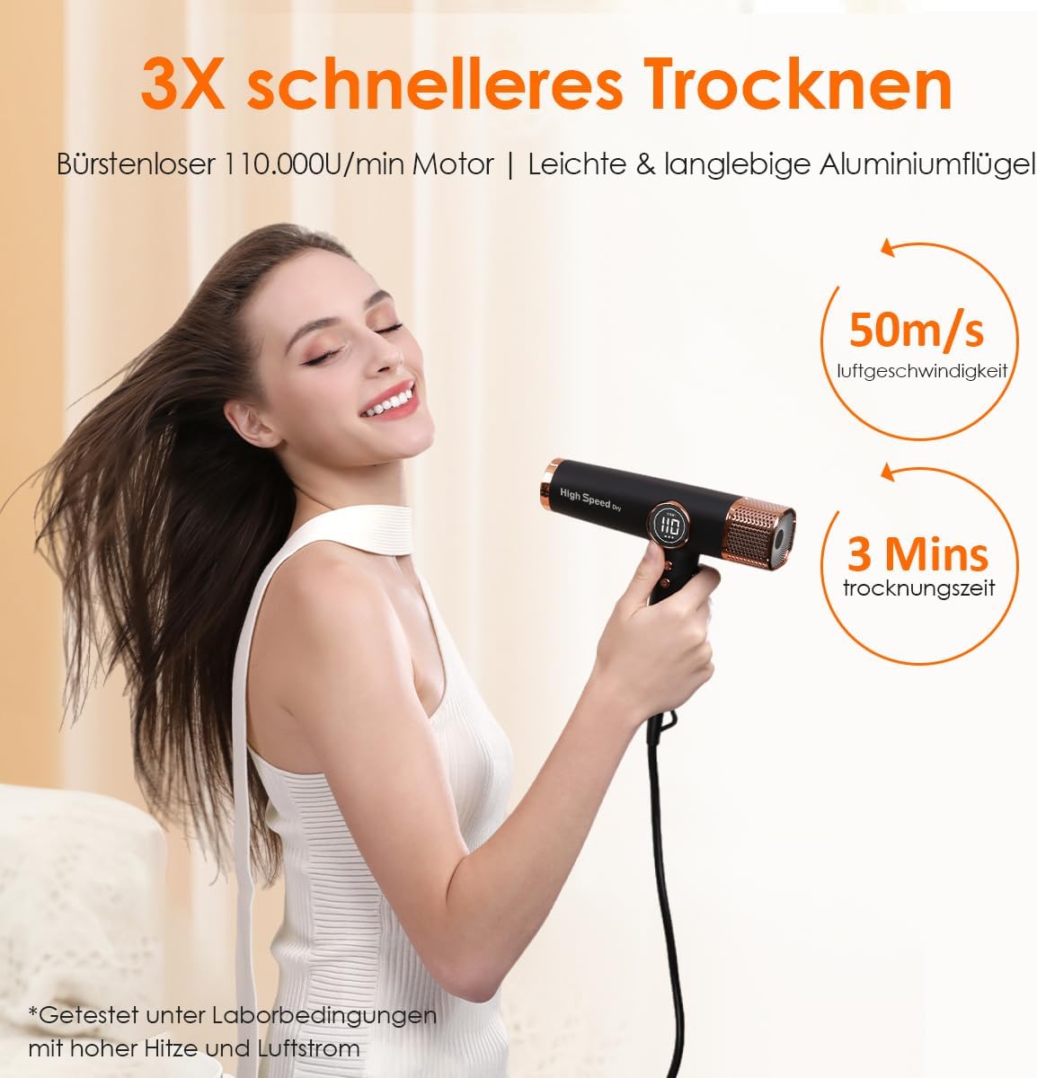 Haartrockner 110000 RPM bürstenloser Motor 200 Millionen Ionen LED Anzeige 3 Magnetdüsen 1700W schnelles Trocknen leicht leise