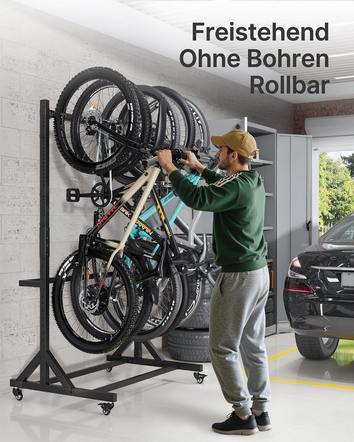 Fahrradständer freistehend für 5 Fahrräder vertikaler Fahrradhalter mit 5 Haken 6 Helmhaken Stahlkonstruktion 160 kg Traglast