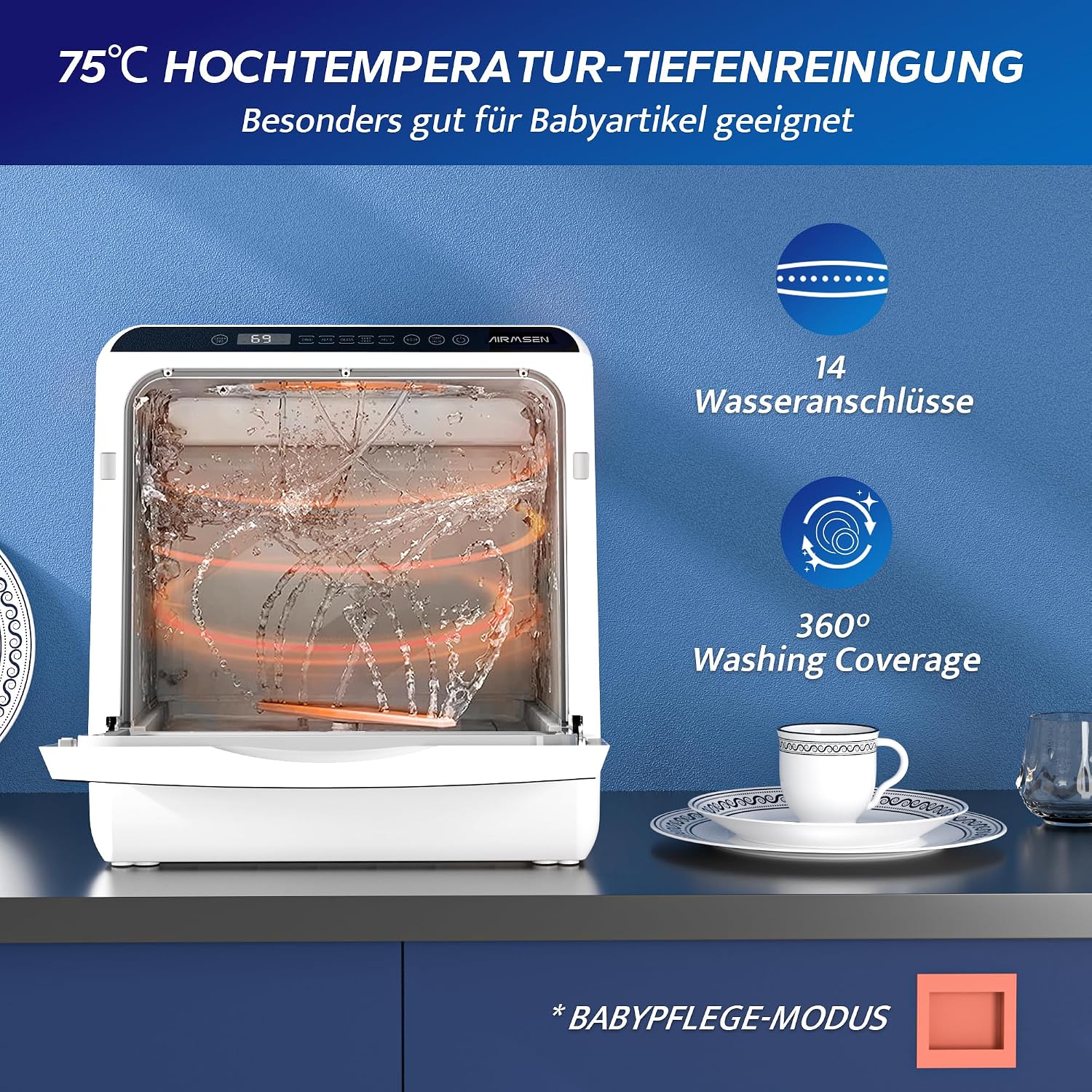 Tischgeschirrspüler AE-TDQR03 Mini Geschirrspüler mit 5L Wassertank 6 Programme Touch Control LED Display 400W