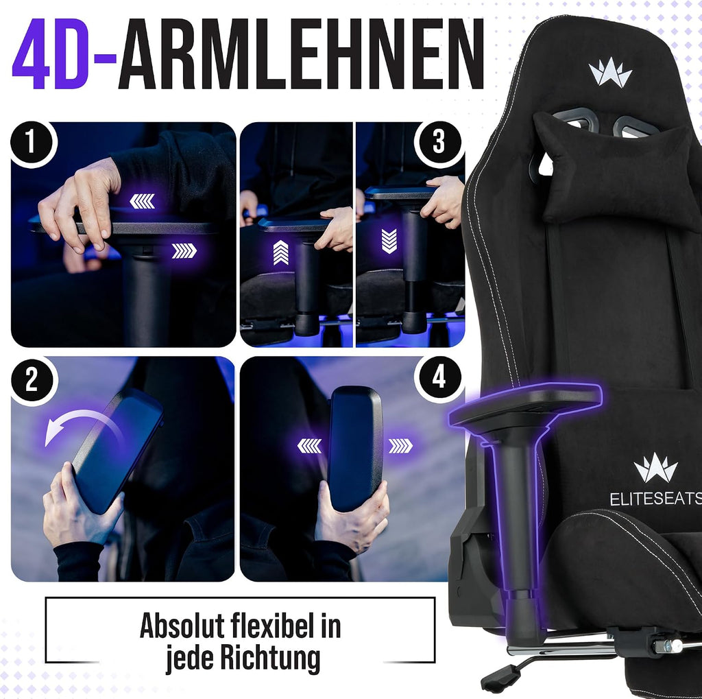 Ergonomischer Gaming Stuhl mit Fußstütze 4D Armlehnen Memory Foam Stoffbezug 150 kg Belastbarkeit