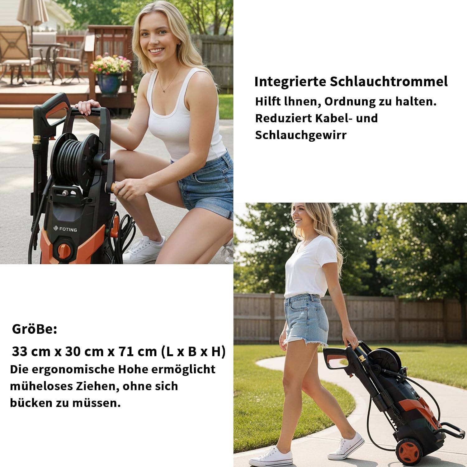 Hochdruckreiniger 180 Bar 450 l/h mit 7 m Hochdruckschlauch Schlauchtrommel 500 ml Reinigungsmittelbehälter 6-in-1-Düse
