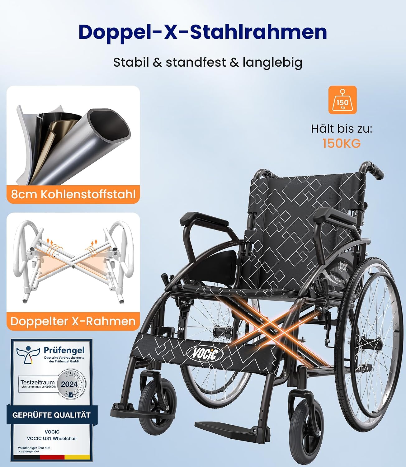 Faltbarer Rollstuhl U31 17kg bis 150kg Transportrollstuhl klappbar Selbstantrieb Doppelbremsen pannensichere Reifen Hellgrau