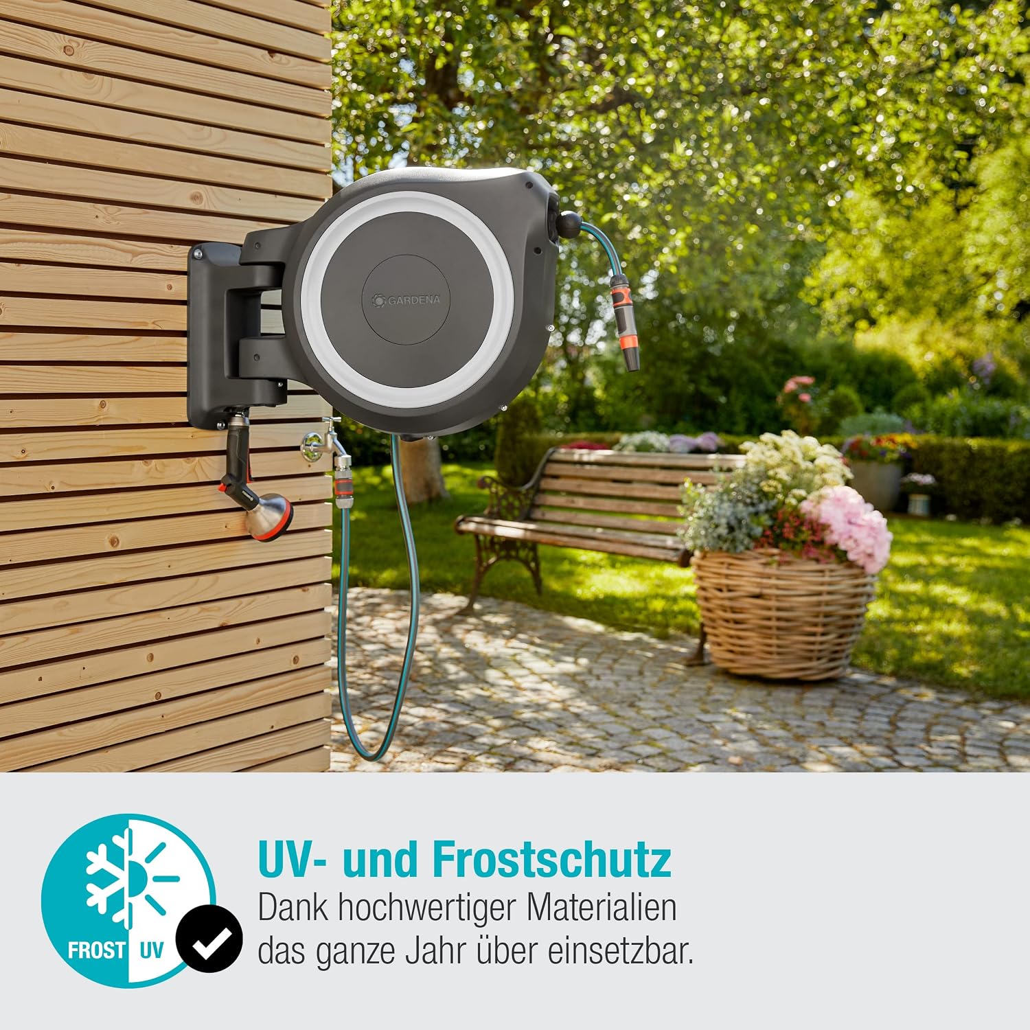 Wand-Schlauchbox RollUp XL 35 m automatische Schlauchaufbewahrung mit schwenkbarer Wandhalterung inkl. Spritze und Montagezubehör