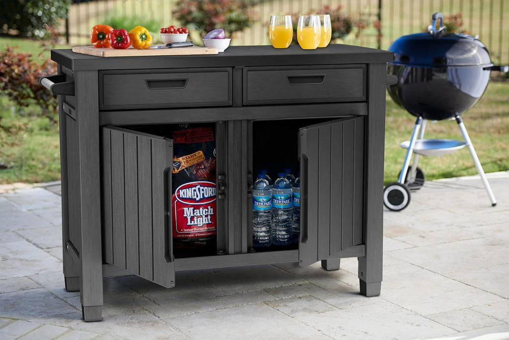 Outdoor Grilltisch Beistelltisch 22634 mit 2 Schubladen Holzoptik Kunstharz Stauraum 124 cm für Garten und Grillbereich