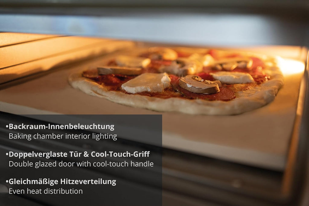 Elektrischer Pizzaofen LUIGI 68816 Edelstahl 450°C Pizzastein 1700W 9,7L kompakter Ofen für schnelle Pizza Backzeit