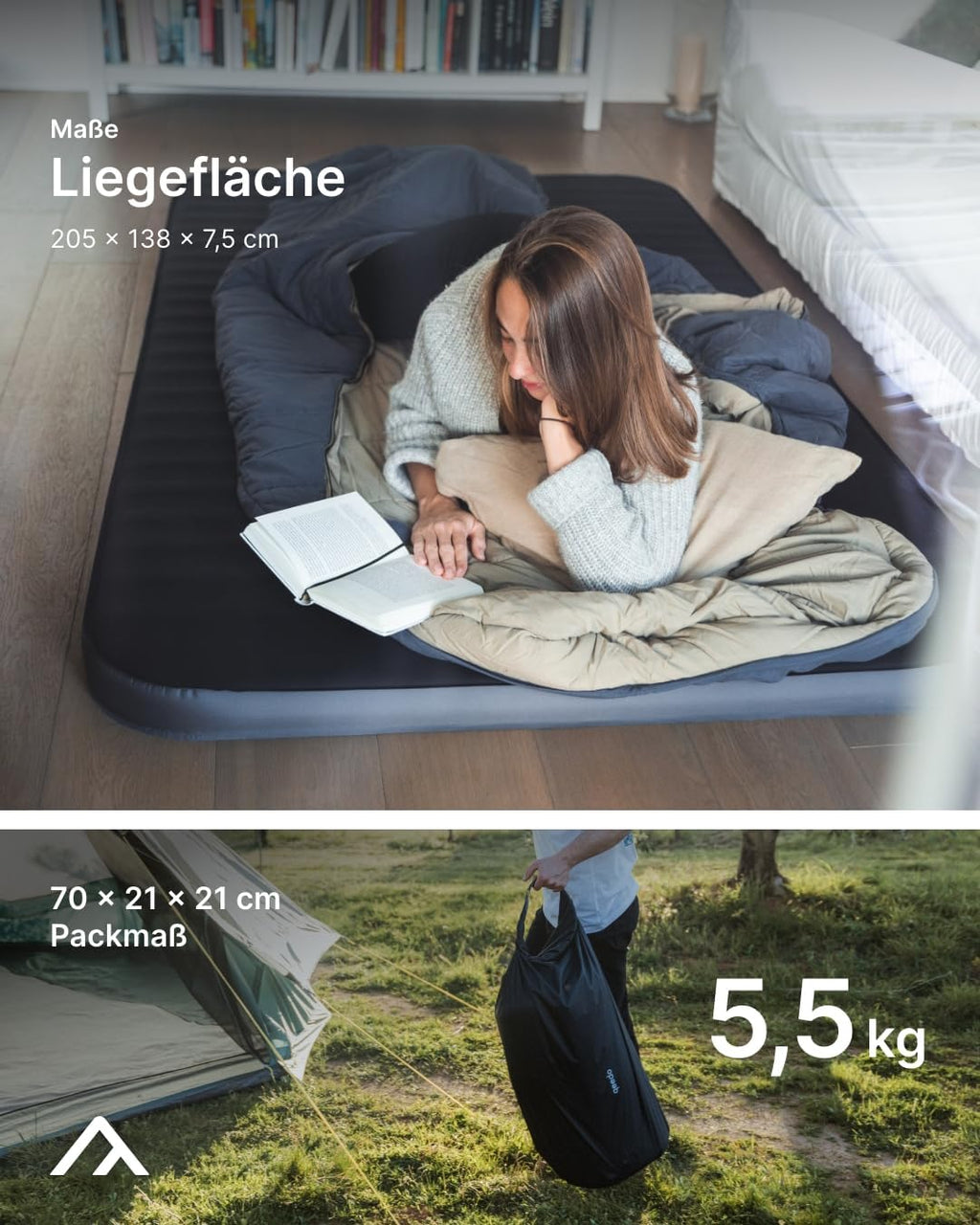 Selbstaufblasende Campingmatratze Cloudmat Double XL 205 x 138 x 7,5 cm mit Soft Touch Oberfläche Doppelventil und Packsack