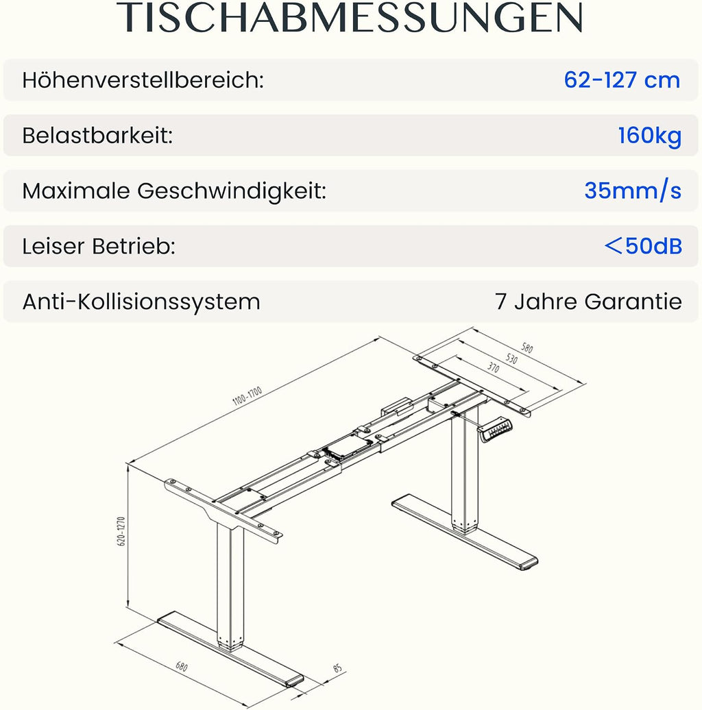 Höhenverstellbares Schreibtischgestell EC5 PRO elektrisch Dual Motor 160 kg Tragkraft 3-fach Teleskop Memory Steuerung LED Anzeige