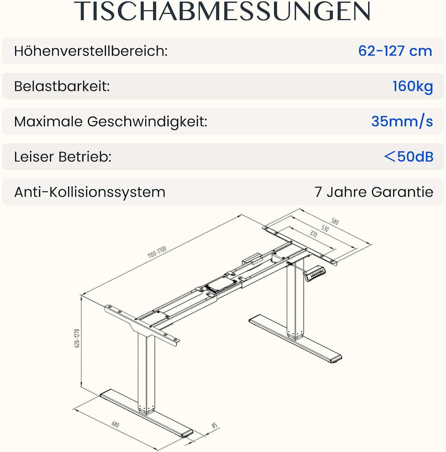 Höhenverstellbares Schreibtischgestell EC5 PRO elektrisch Dual Motor 160 kg Tragkraft 3-fach Teleskop Memory Steuerung LED Anzeige
