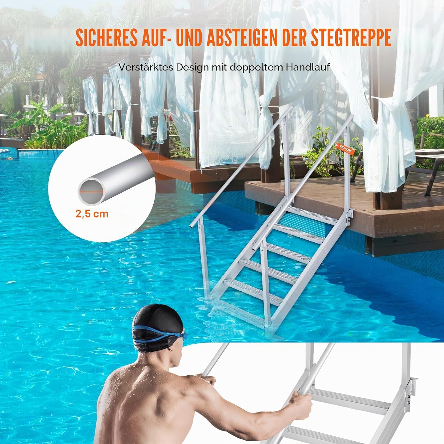 Poolleiter 6 Stufen Aluminiumlegierung FT-06 mit zwei Handläufen rutschfesten Pedalen 250 kg Tragfähigkeit