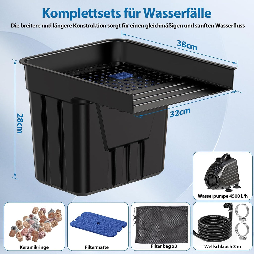 Teich Wasserfall Set P378 mit 4500 l/h Teichpumpe 3 m Wellschlauch Filtermaterial für Gartenteiche