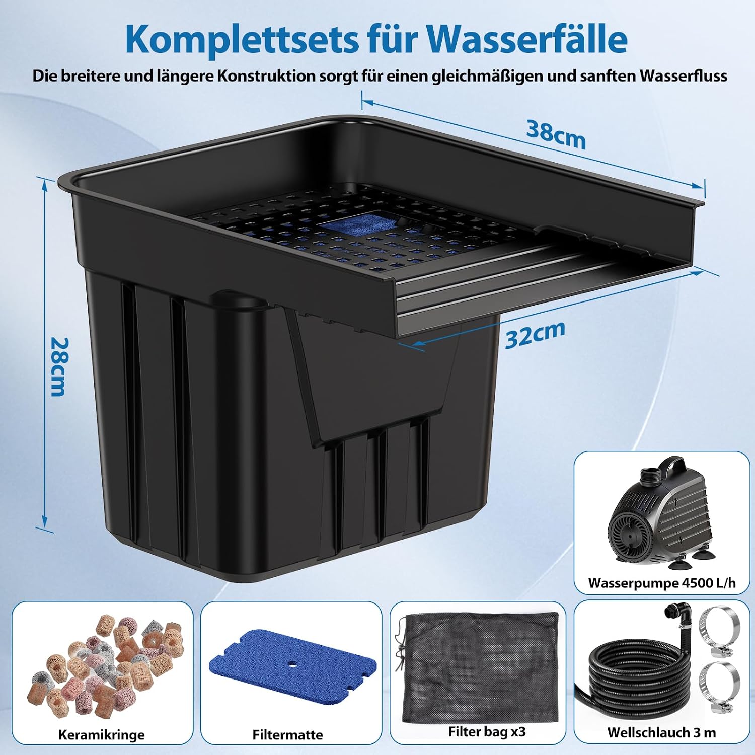 Teich Wasserfall Set P378 mit 4500 l/h Teichpumpe 3 m Wellschlauch Filtermaterial für Gartenteiche