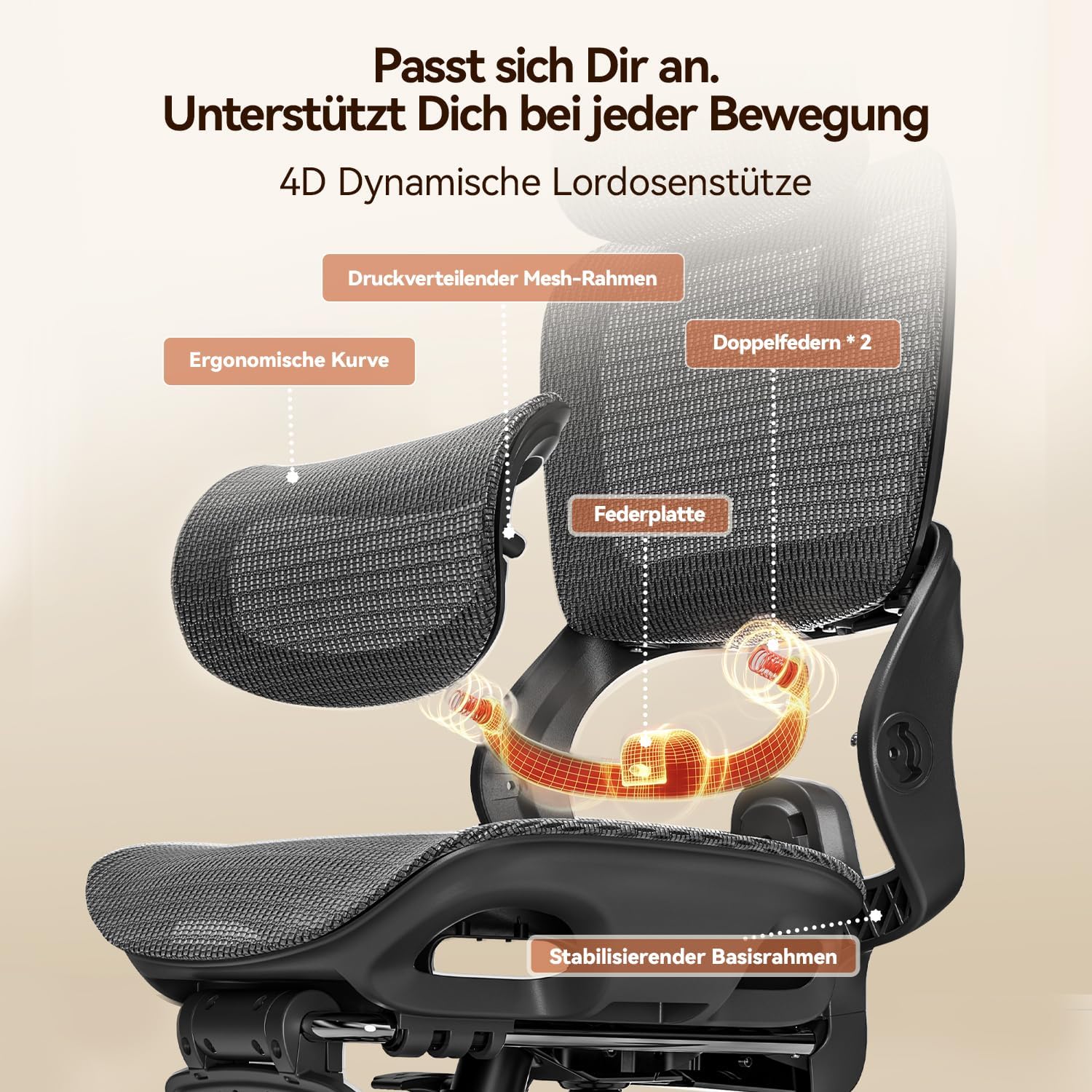 Ergonomischer Bürostuhl mit verstellbarer Lordosenstütze und Kopfstütze B100 Lite 90–135° Neigung Mesh Drehstuhl 72x70x112 cm