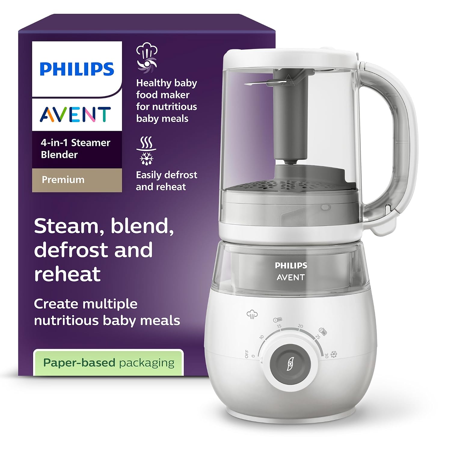 Dampfgarer mit Mixer SCF883/01 4-in-1 Babynahrungszubereiter 400W mit Dampfgaren Pürieren Auftauen und Aufwärmen