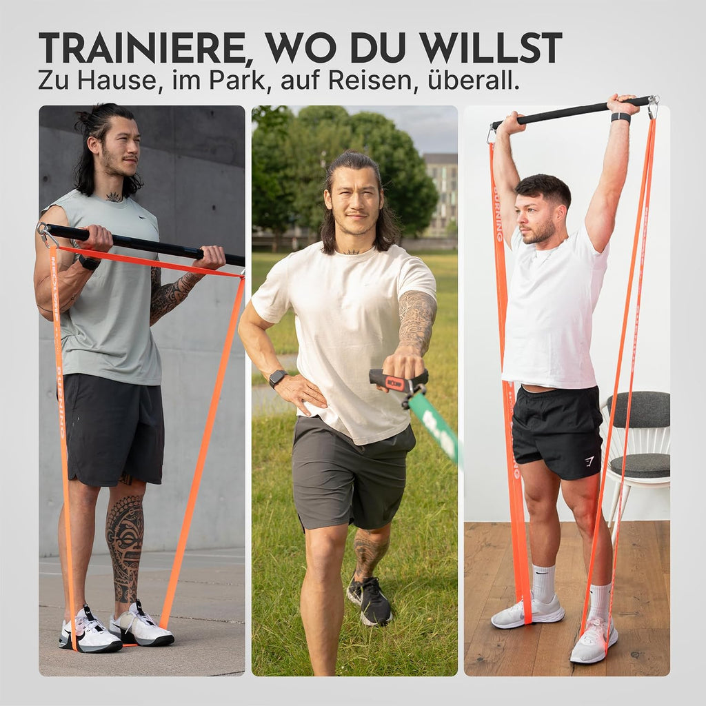 Lange Stoff Fitnessbänder Set 5 Widerstandsstufen Allroundset Ultra mit Türanker Fußschlaufen Griffen Stange