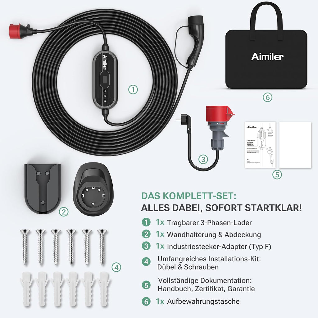 Ladestation Ladegerät 11kW 400V 3-phasig 8-16A Typ 2 7,6m Kabel CEE IP66 App Steuerung mit Wandhalterung