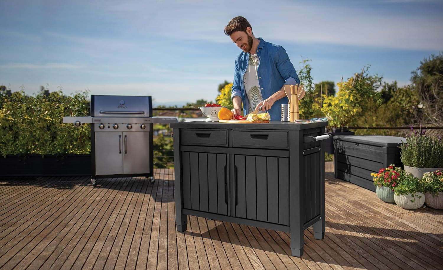 Outdoor Grilltisch Beistelltisch 22634 mit 2 Schubladen Holzoptik Kunstharz Stauraum 124 cm für Garten und Grillbereich