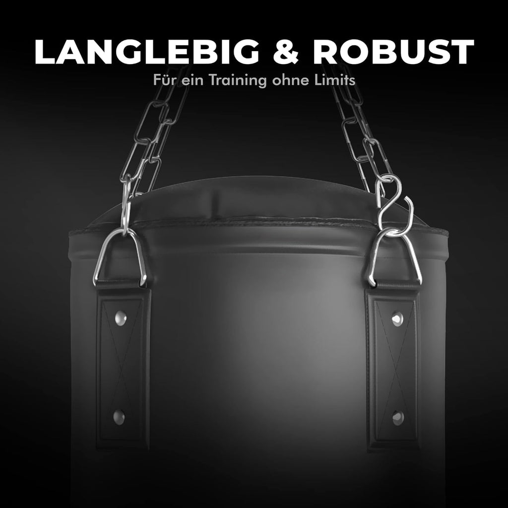 Boxsack 120x35cm PU 30kg mit 4-Punkt-Stahlkette gefüllt oder ungefüllt für Boxen Kickboxen MMA Muay Thai