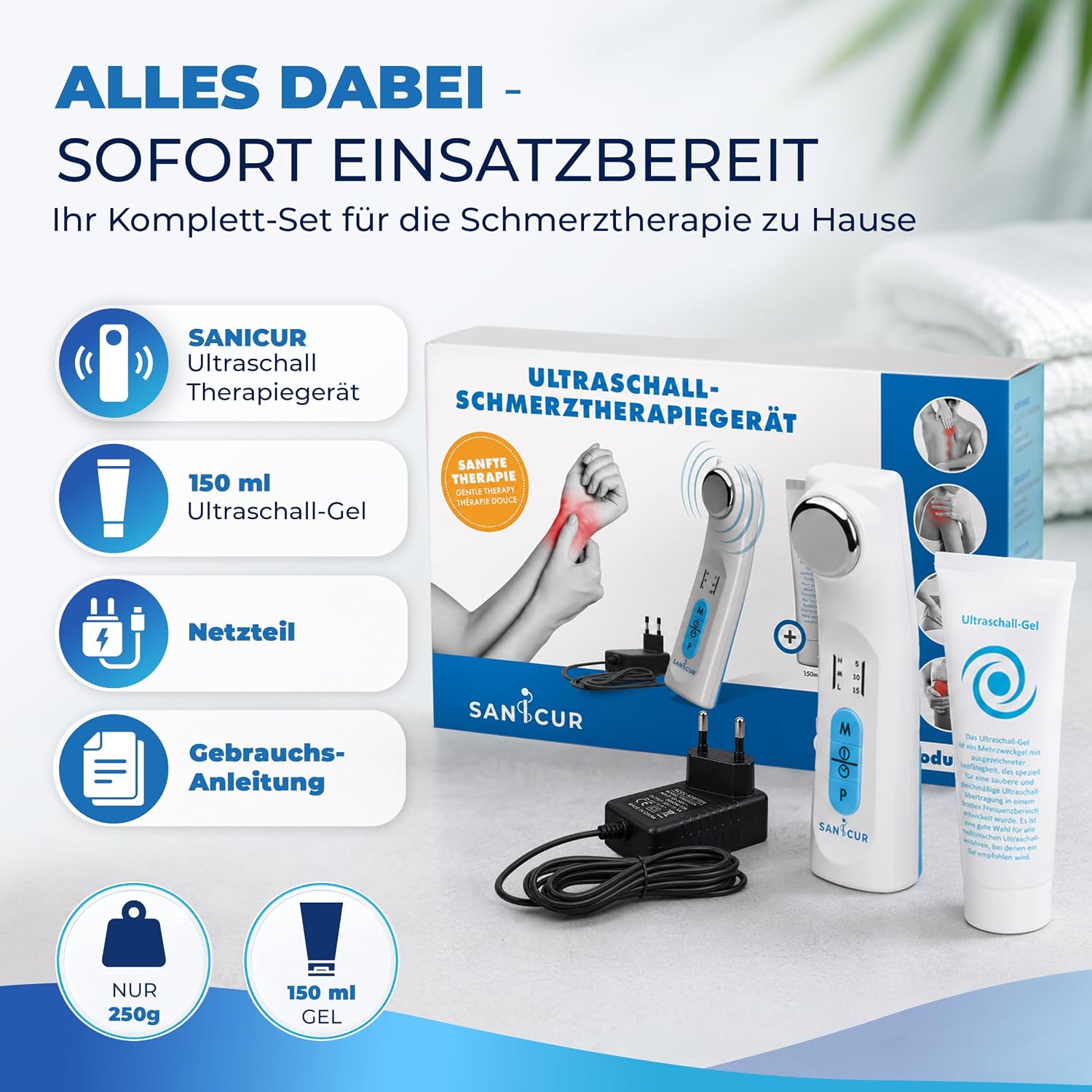 Ultraschalltherapie Gerät 1 MHz mit 3 Intensitätsstufen und Impulsmodus inklusive 150 ml Ultraschallgel