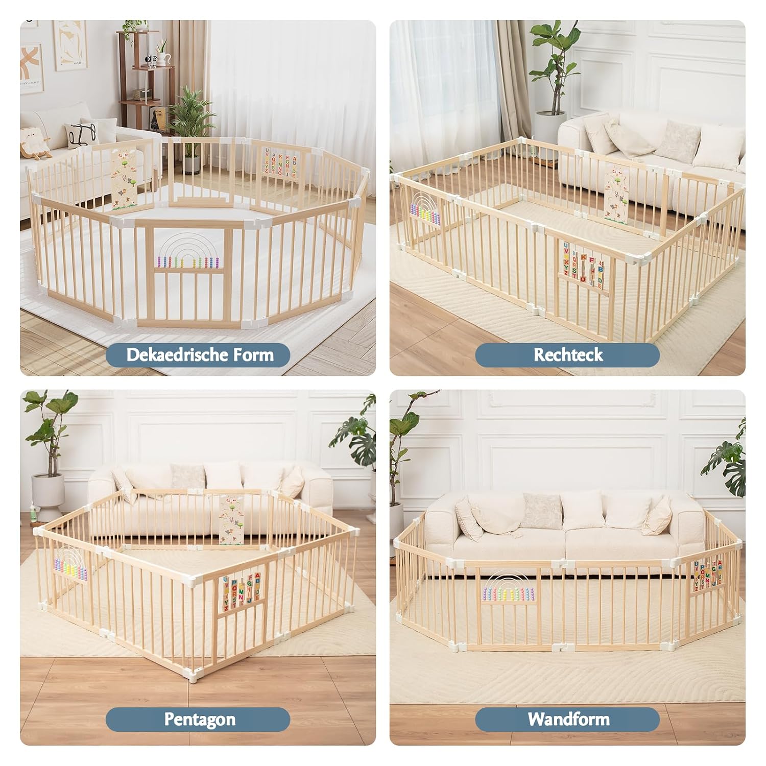 Baby Laufstall faltbares Holz Laufgitter 214 x 141 x 61 cm Spiel- und Sicherheitsbereich für Kleinkinder