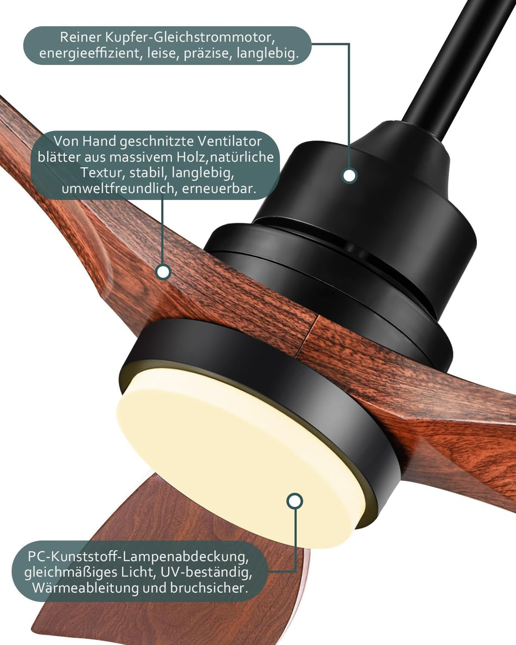 Deckenventilator mit LED-Beleuchtung und Fernbedienung QX-01-DE1 132 cm DC-Motor 3 Holzflügel 6 Geschwindigkeiten