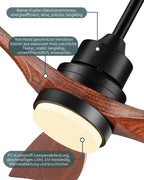 Deckenventilator mit LED-Beleuchtung und Fernbedienung QX-01-DE1 132 cm DC-Motor 3 Holzflügel 6 Geschwindigkeiten