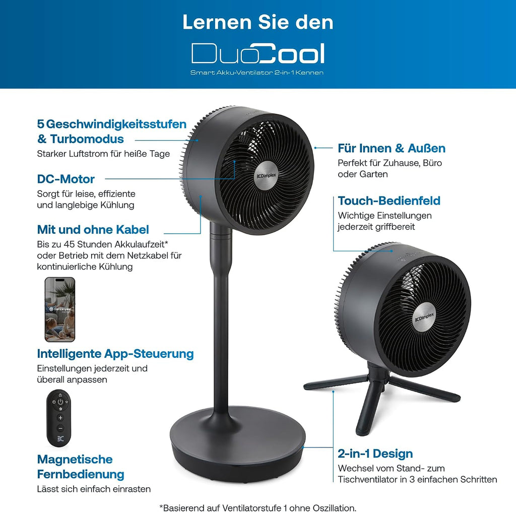 DUOCOOL Smart Akkuventilator 2-in-1 Stand und Tischventilator kabellos 45 Stunden Laufzeit 5 Stufen Turbo App Steuerung Alexa kompatibel