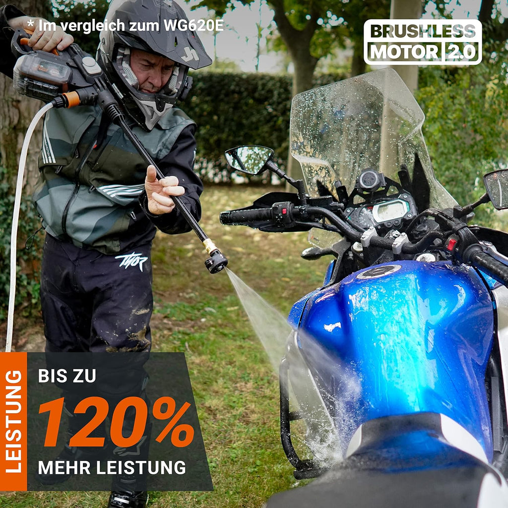 Akku-Hochdruckreiniger WG633E 20V mit 56 Bar Druck 5-in-1 Düse 4Ah Akku Ladegerät und 6m Wasserschlauch