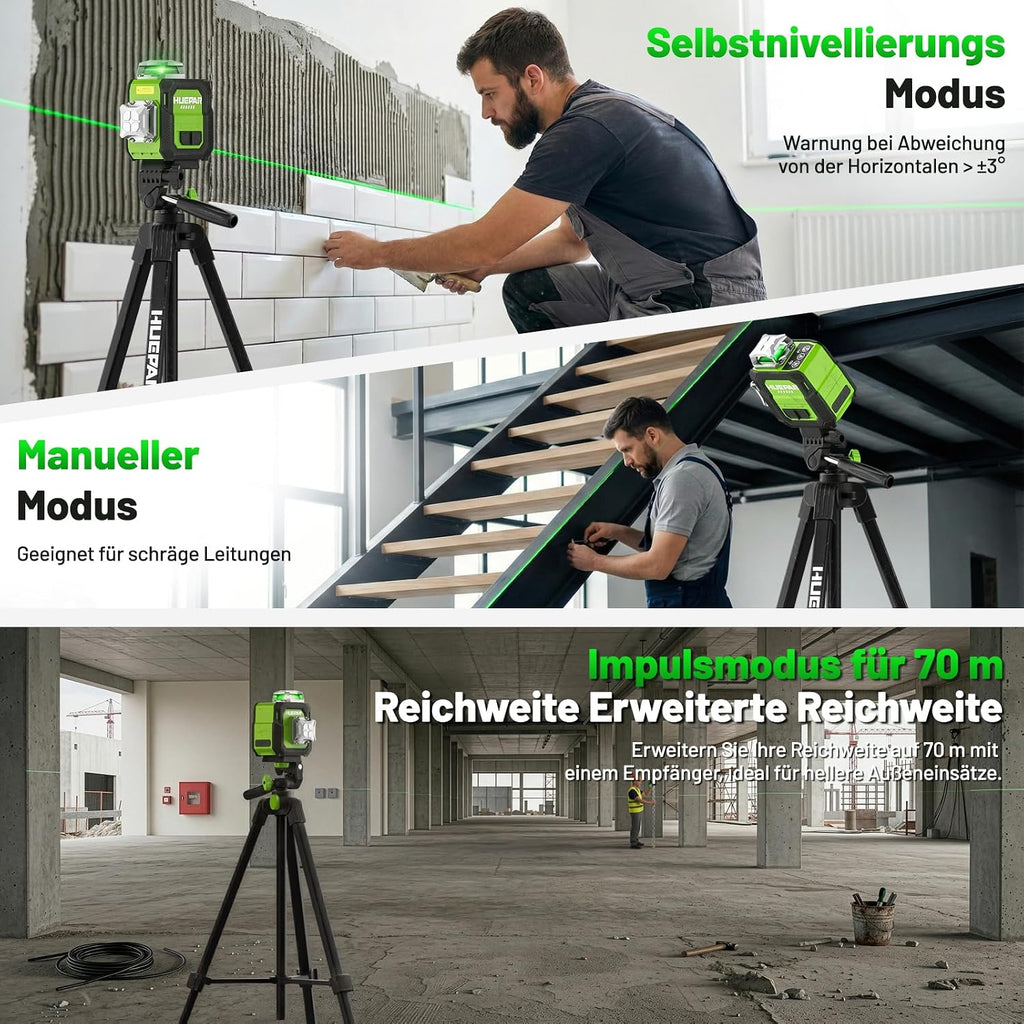 Kreuzlinienlaser 360° grün ST03CG 3D Nivelliergerät mit 152 cm Stativ Magnethalterung selbstnivellierend wiederaufladbar