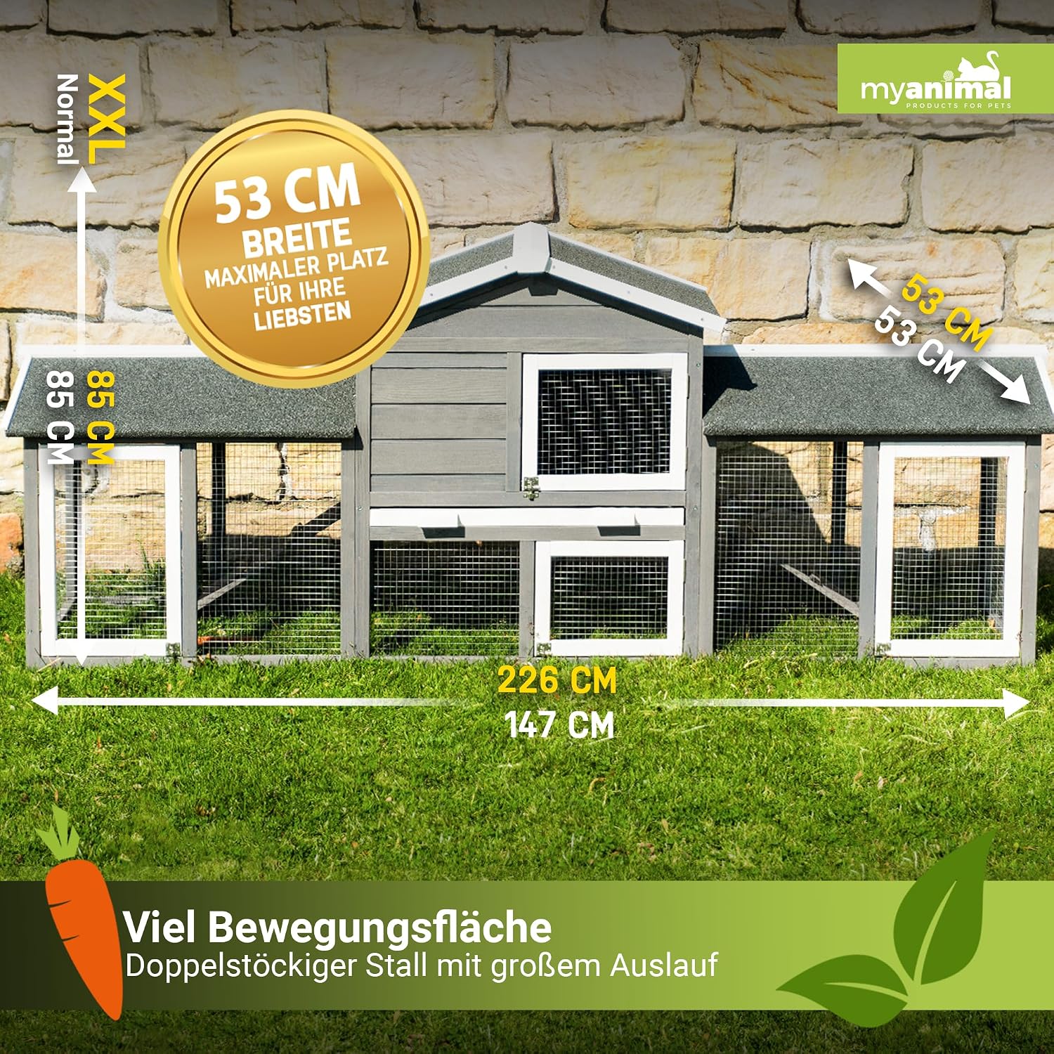 Kaninchenstall MH-03 XXL mit Freilaufgehege 226x53x85 cm aus imprägniertem Kiefernholz 2 Ebenen mit Schublade