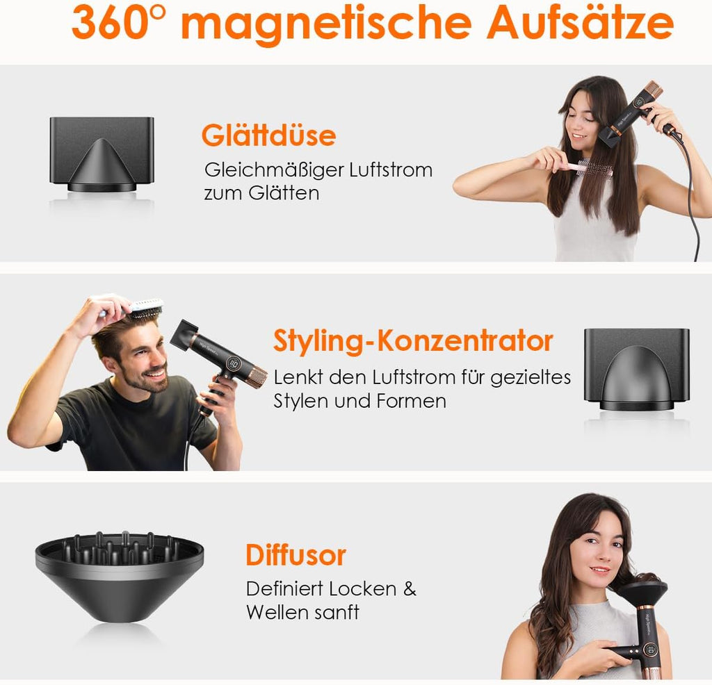 Haartrockner 110000 RPM bürstenloser Motor 200 Millionen Ionen LED Anzeige 3 Magnetdüsen 1700W schnelles Trocknen leicht leise
