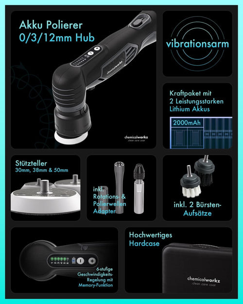 Akku Poliermaschine EVO Mini 25-teiliges Set Exzenter Rotation mit Akkus Adaptern Stütztellern Pads Zubehör
