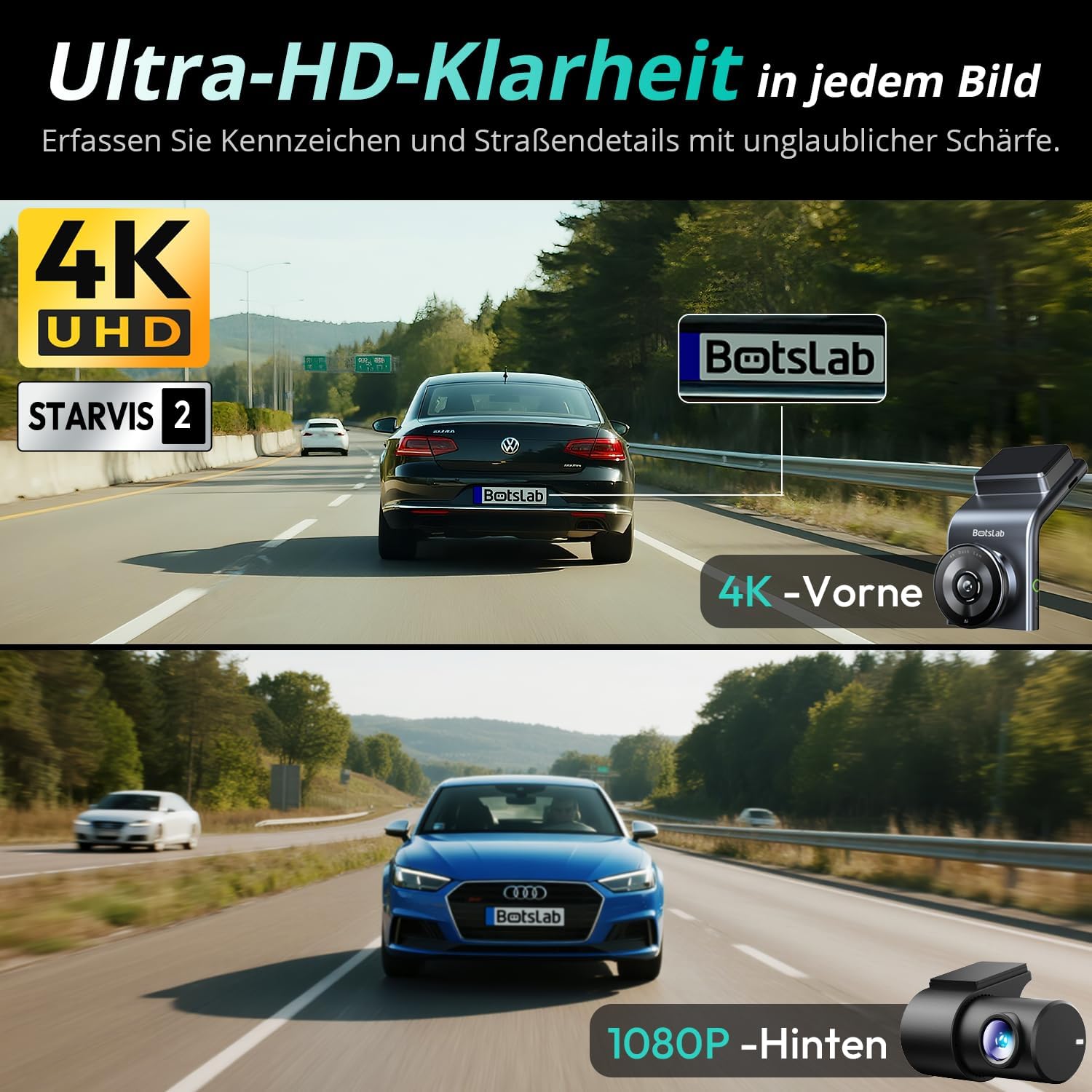 4K Dashcam Auto Vorne Hinten Dual Kamera mit STARVIS 2 Sensor WDR GPS WLAN Sprachsteuerung 64GB SD-Karte